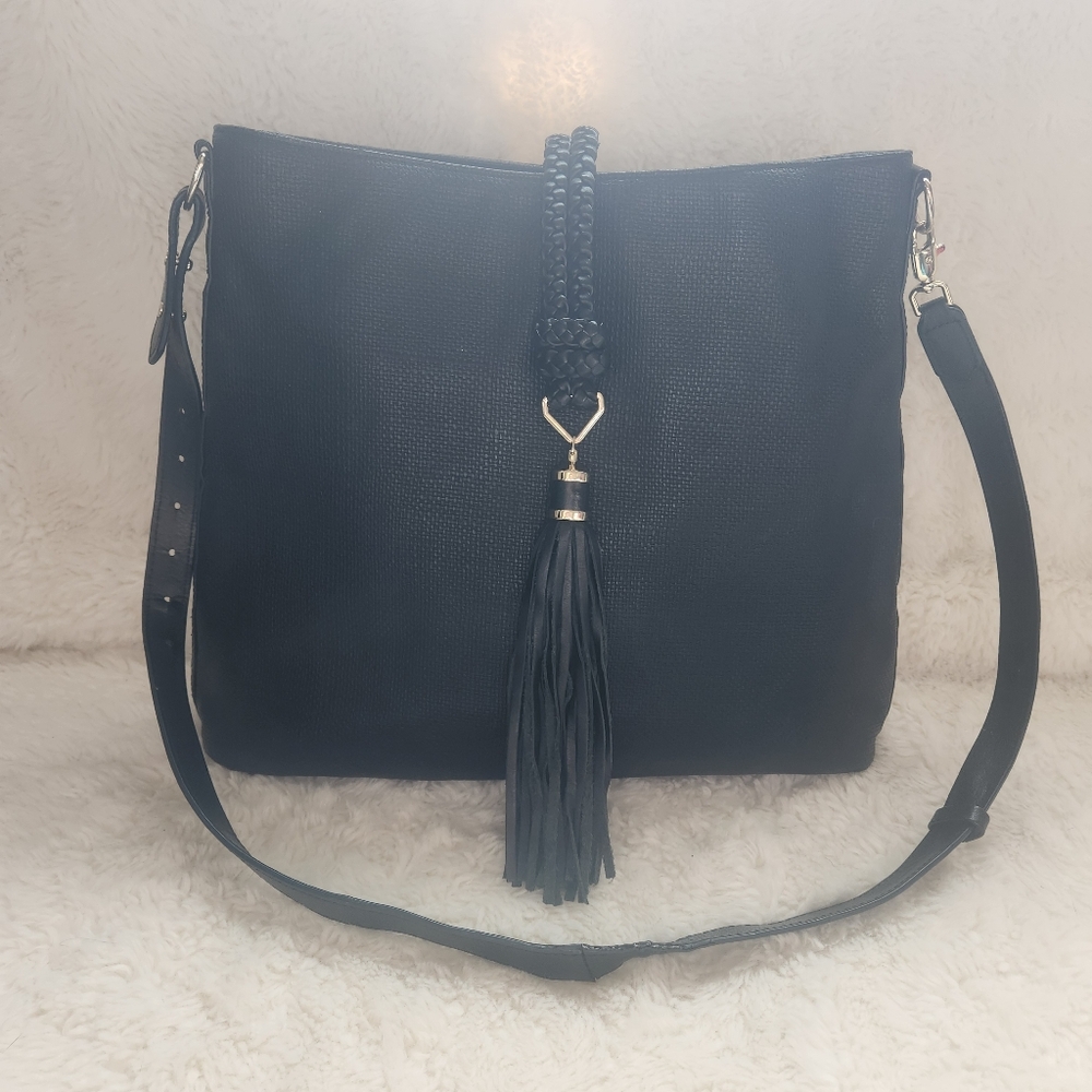 Stella & Dot Black Hayes Tassel Hobo Bag EUC